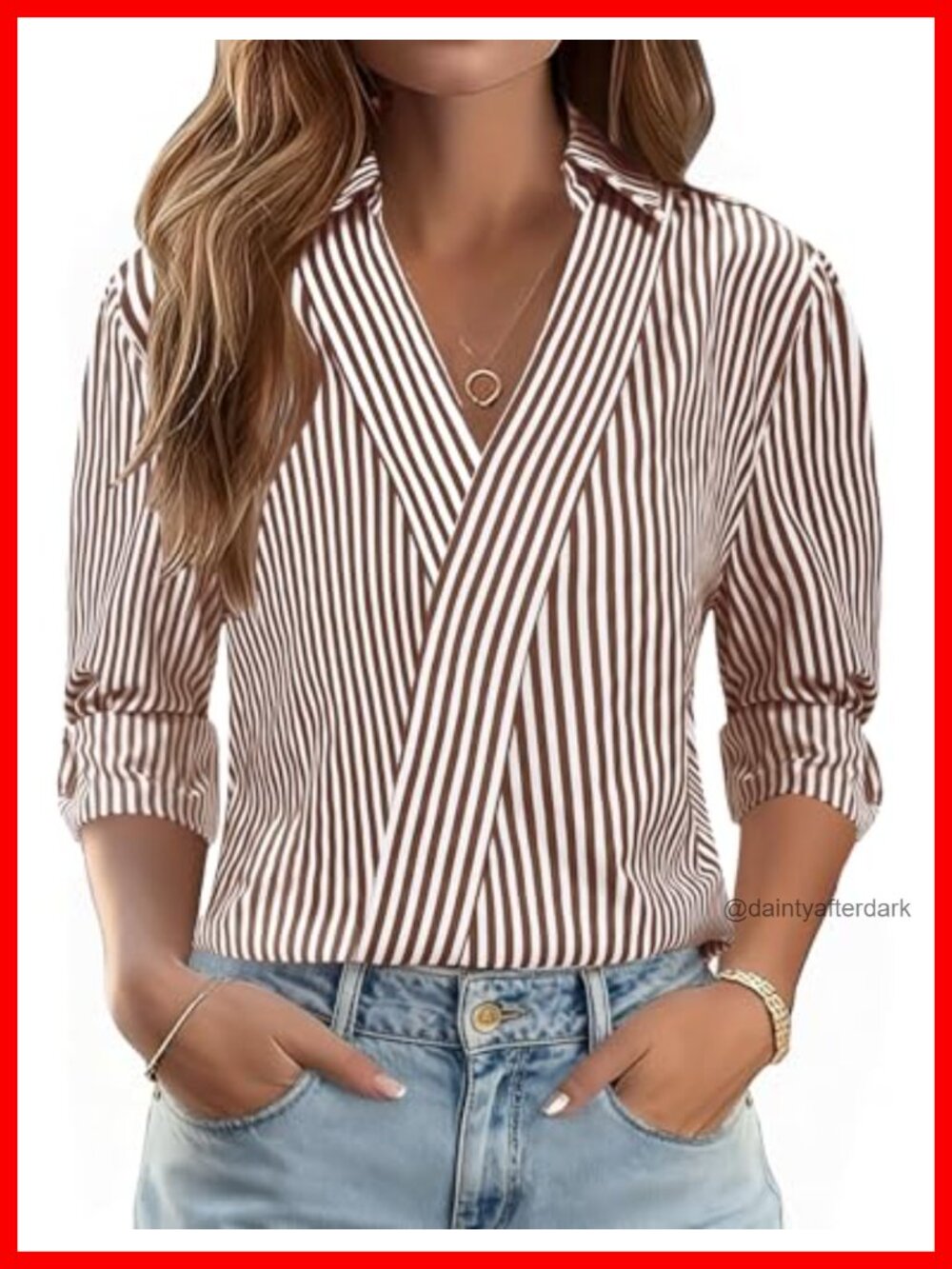 LOMON Womens 3/4 Sleeve V Neck Collared Dress Shirt Dressy Blouse
